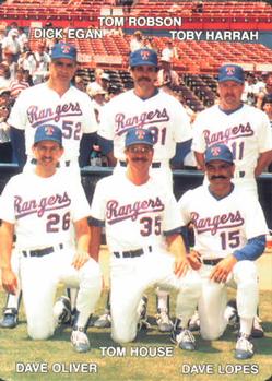 1989 Mother's Cookies Texas Rangers #27 Rangers Coaches (Dick Egan / Tom Robson / Toby Harrah / Dave Oliver / Tom House / Davey Lopes) Front