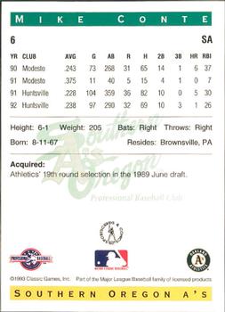 1993 Classic Best Southern Oregon A's #6 Mike Conte Back