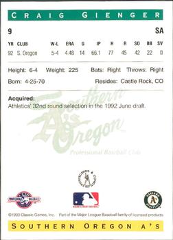 1993 Classic Best Southern Oregon A's #9 Craig Gienger Back