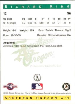 1993 Classic Best Southern Oregon A's #12 Richard King Back