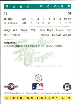 1993 Classic Best Southern Oregon A's #19 Mark Moore Back