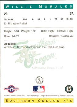 1993 Classic Best Southern Oregon A's #20 Willie Morales Back