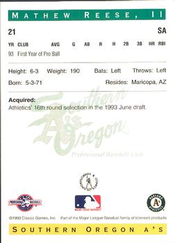1993 Classic Best Southern Oregon A's #21 Mathew Reese Back