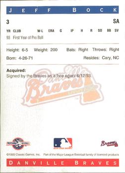 1993 Classic Best Danville Braves #3 Jeff Bock Back