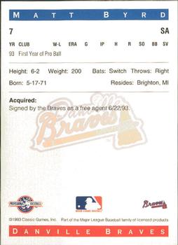 1993 Classic Best Danville Braves #7 Matt Byrd Back