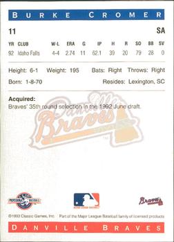1993 Classic Best Danville Braves #11 Burke Cromer Back