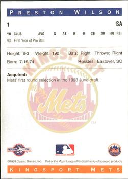 1993 Classic Best Kingsport Mets #1 Preston Wilson Back