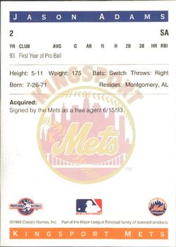 1993 Classic Best Kingsport Mets #2 Jason Adams Back