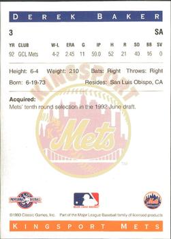1993 Classic Best Kingsport Mets #3 Derek Baker Back