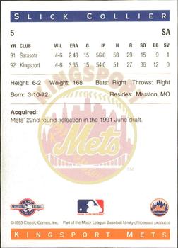 1993 Classic Best Kingsport Mets #5 Ervin Collier Back
