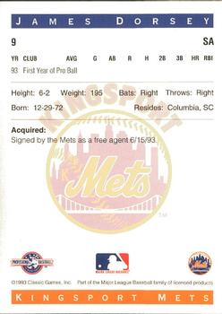 1993 Classic Best Kingsport Mets #9 James Dorsey Back