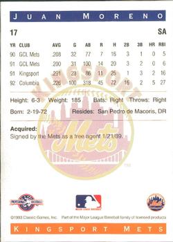 1993 Classic Best Kingsport Mets #17 Juan Moreno Back