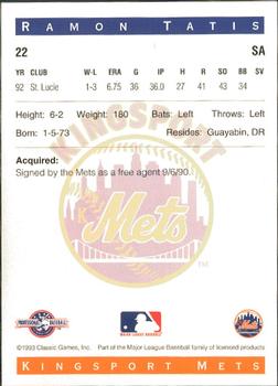 1993 Classic Best Kingsport Mets #22 Ramon Tatis Back