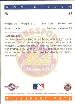 1993 Classic Best Kingsport Mets #25 Ron Gideon Back
