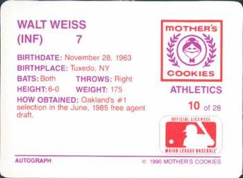 1990 Mother's Cookies Oakland Athletics #10 Walt Weiss Back