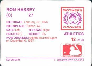 1990 Mother's Cookies Oakland Athletics #12 Ron Hassey Back
