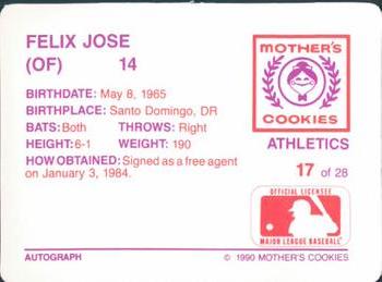 1990 Mother's Cookies Oakland Athletics #17 Felix Jose Back