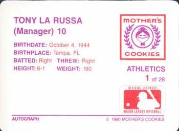1990 Mother's Cookies Oakland Athletics #1 Tony La Russa Back