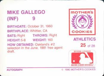 1990 Mother's Cookies Oakland Athletics #25 Mike Gallego Back