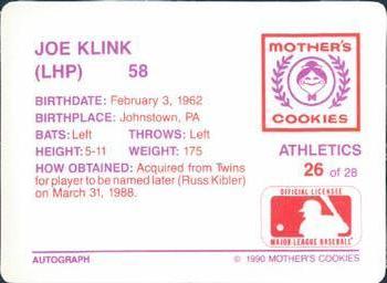 1990 Mother's Cookies Oakland Athletics #26 Joe Klink Back
