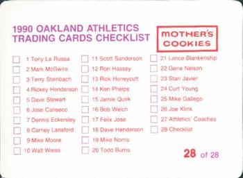 1990 Mother's Cookies Oakland Athletics #28 Trainers & Checklist (Steve Vucinich / Frank Ciensczyk / Larry Davis / Barry Weinberg) Back
