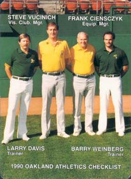 1990 Mother's Cookies Oakland Athletics #28 Trainers & Checklist (Steve Vucinich / Frank Ciensczyk / Larry Davis / Barry Weinberg) Front