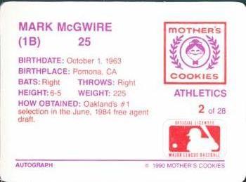 1990 Mother's Cookies Oakland Athletics #2 Mark McGwire Back