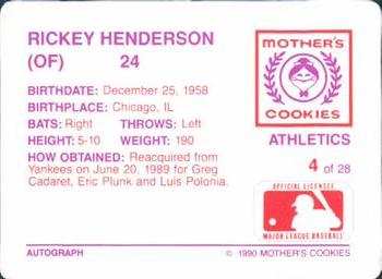 1990 Mother's Cookies Oakland Athletics #4 Rickey Henderson Back