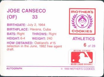 1990 Mother's Cookies Oakland Athletics #6 Jose Canseco Back