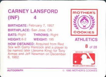 1990 Mother's Cookies Oakland Athletics #8 Carney Lansford Back
