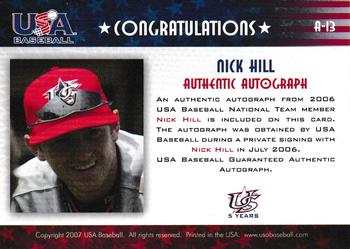 2006-07 USA Baseball Box Set  - Signatures Blue #A-13 Nick Hill Back