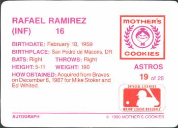 1990 Mother's Cookies Houston Astros #19 Rafael Ramirez Back