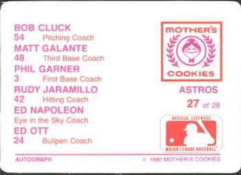 1990 Mother's Cookies Houston Astros #27 Astros Coaches (Ed Ott / Billy Bowman / Bob Cluck / Phil Garner / Matt Galante / Ed Napoleon / Rudy Jaramillo) Back