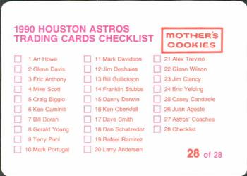 1990 Mother's Cookies Houston Astros #28 Trainers & Checklist (Dave Labossiere / Dennis Liborio / Doc Ewell) Back