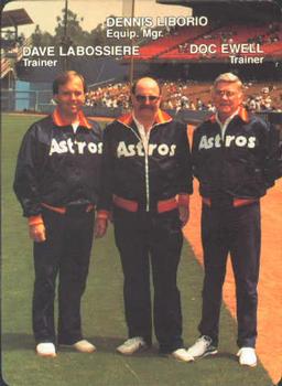 1990 Mother's Cookies Houston Astros #28 Trainers & Checklist (Dave Labossiere / Dennis Liborio / Doc Ewell) Front