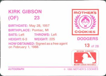 1990 Mother's Cookies Los Angeles Dodgers #13 Kirk Gibson Back