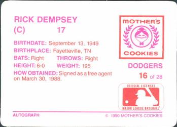 1990 Mother's Cookies Los Angeles Dodgers #16 Rick Dempsey Back