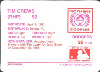 1990 Mother's Cookies Los Angeles Dodgers #26 Tim Crews Back