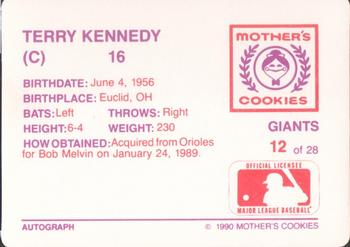 1990 Mother's Cookies San Francisco Giants #12 Terry Kennedy Back