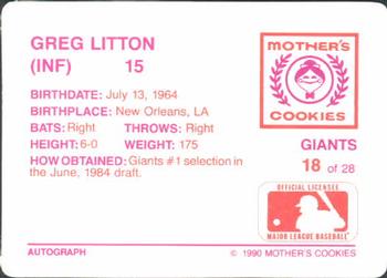 1990 Mother's Cookies San Francisco Giants #18 Greg Litton Back