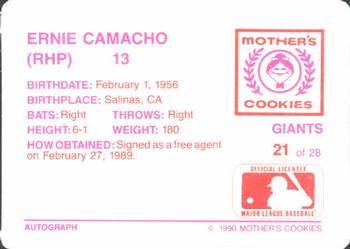 1990 Mother's Cookies San Francisco Giants #21 Ernie Camacho Back
