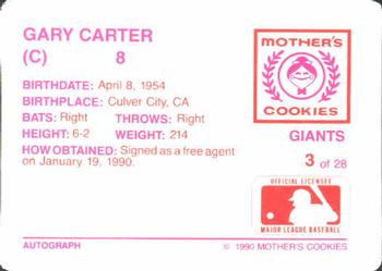 1990 Mother's Cookies San Francisco Giants #3 Gary Carter Back