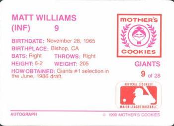 1990 Mother's Cookies San Francisco Giants #9 Matt Williams Back