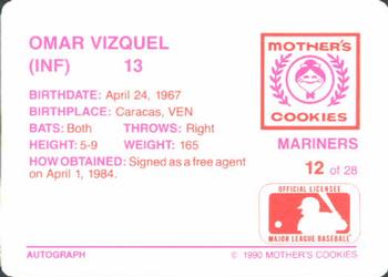 1990 Mother's Cookies Seattle Mariners #12 Omar Vizquel Back