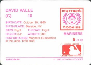 1990 Mother's Cookies Seattle Mariners #5 Dave Valle Back