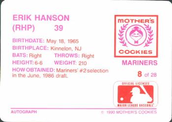 1990 Mother's Cookies Seattle Mariners #8 Erik Hanson Back