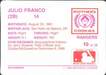 1990 Mother's Cookies Texas Rangers #10 Julio Franco Back