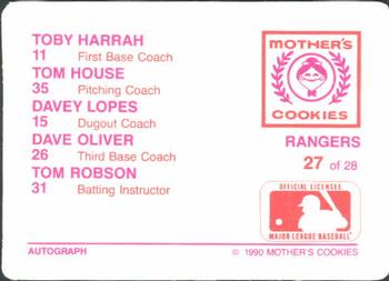 1990 Mother's Cookies Texas Rangers #27 Rangers Coaches (Dave Oliver / Davey Lopes / Tom Robson / Tom House / Toby Harrah) Back