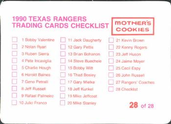 1990 Mother's Cookies Texas Rangers #28 Trainers & Checklist (Bill Zeigler / Joe Macko / Marty Stajduhar / Danny Wheat) Back