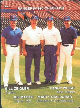 1990 Mother's Cookies Texas Rangers #28 Trainers & Checklist (Bill Zeigler / Joe Macko / Marty Stajduhar / Danny Wheat) Front